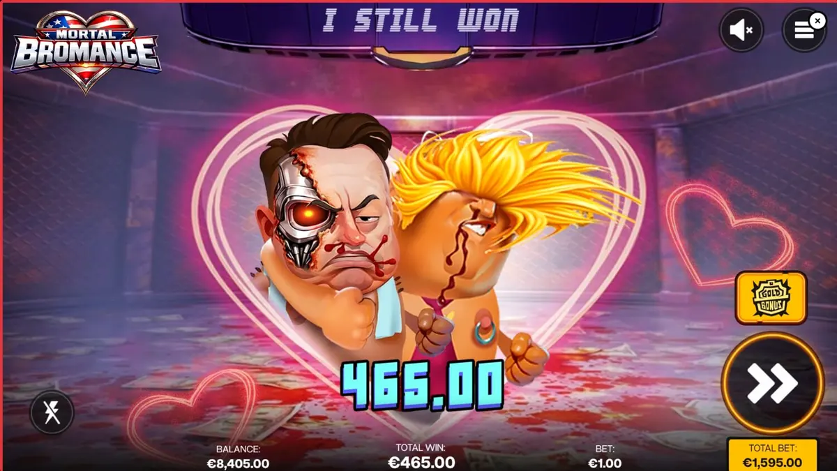 Tampilan visual slot Mortal Bromance dengan tema ring tinju dan karakter satir.